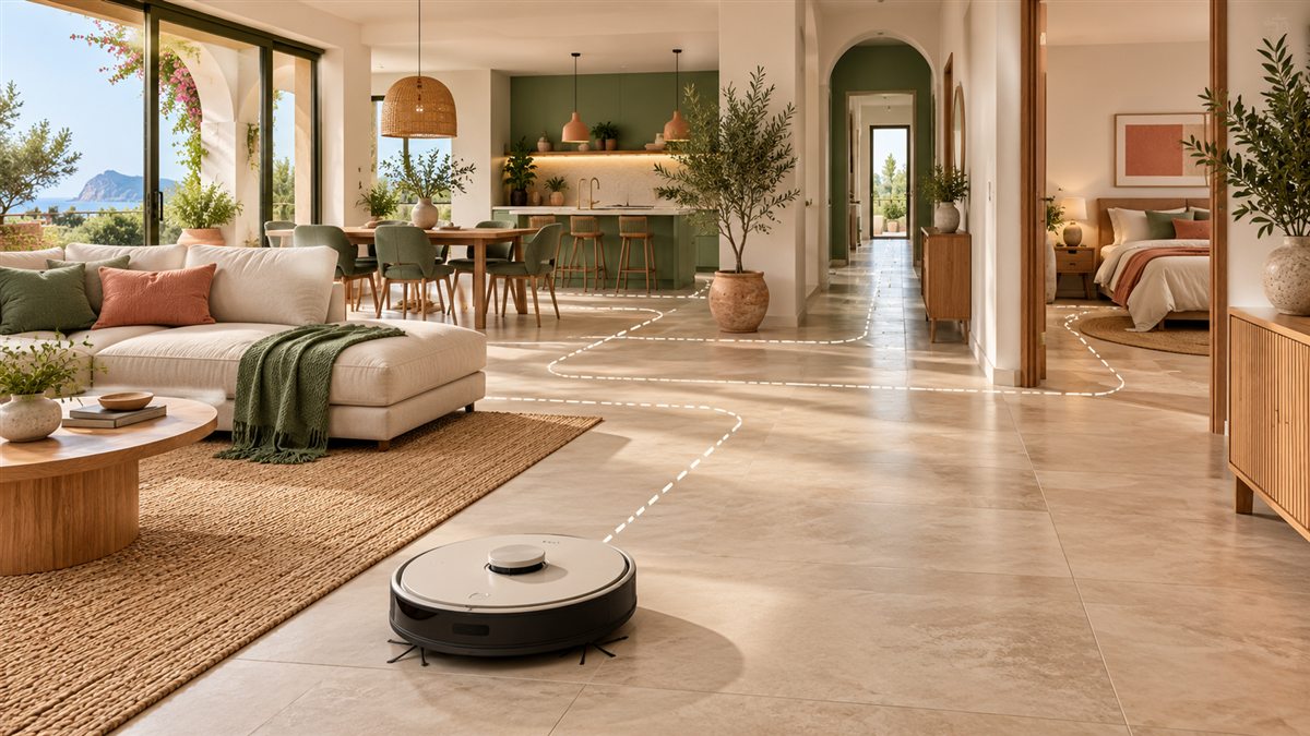 Robot aspirador recorriendo varias habitaciones de una casa grande