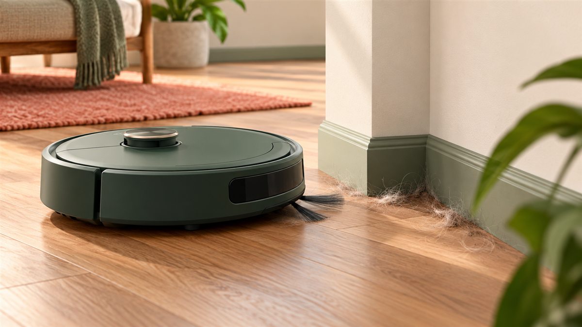 Robot aspirador acercándose a pelo acumulado junto a una esquina